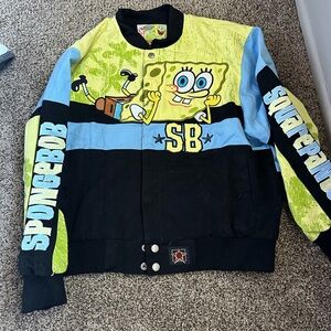 Extra large SpongeBob, bomber jacket, suede, and material.